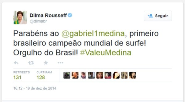 A Presidente Dilma parabeniza Gabriel Medina pelo título mundial de surfe