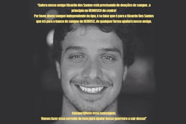 Surfistas se mobilizam em redes sociais para ajudar Ricardo do Santos, que foi baleado e precisa urgentemente de doações de sangue.