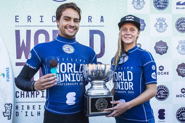 Os campeões mundiais Pro Junior de 2015, Lucas Silveira e Isabella Nichols. FotoSurf: Poullenot / Aquashot